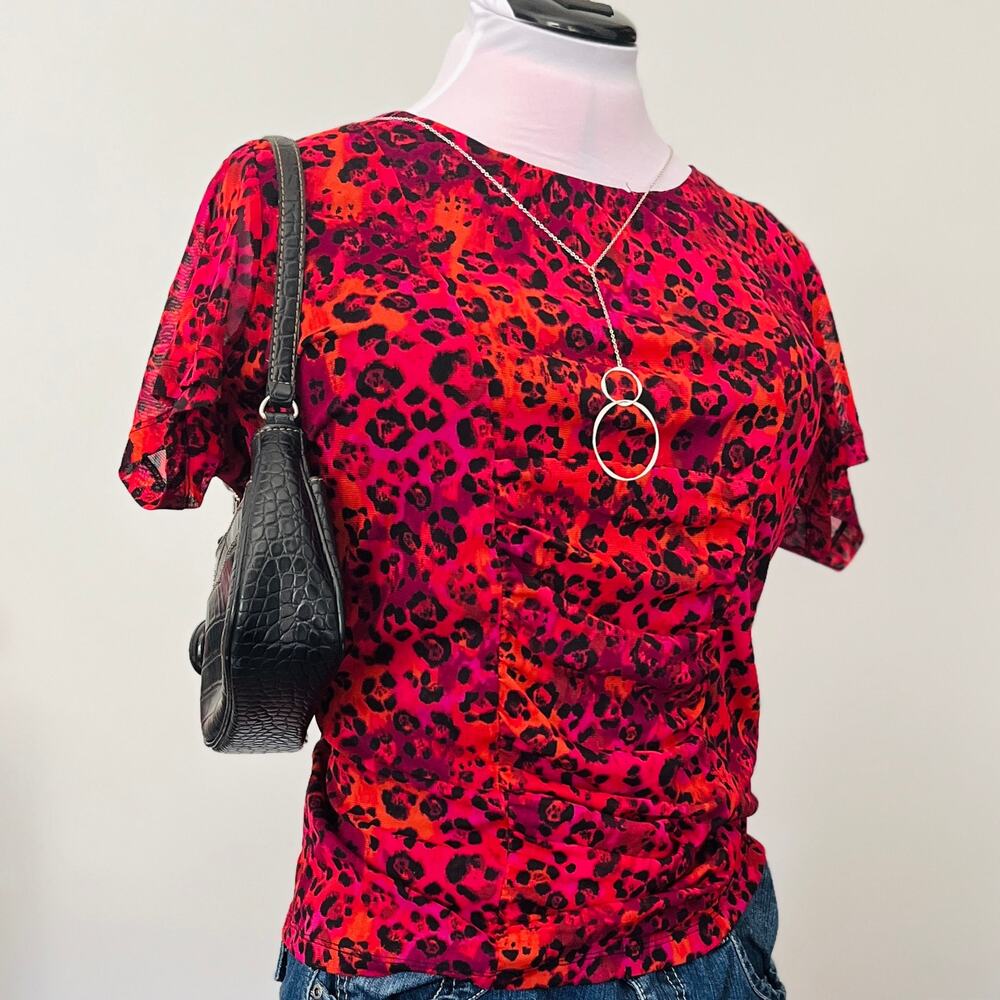 VTG Y2K Fashion Bug | Red Hot Pink + Orange Cheetah Print Micro Mesh Top | XL